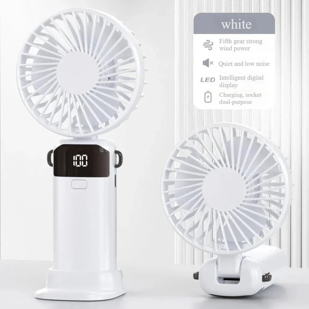 Heldhand Mini Fan Foldable 1500mHA Portable Neck Hanging Fans 5 Speed USB Rechargeable Fan  with Phone Stand and Display Screen