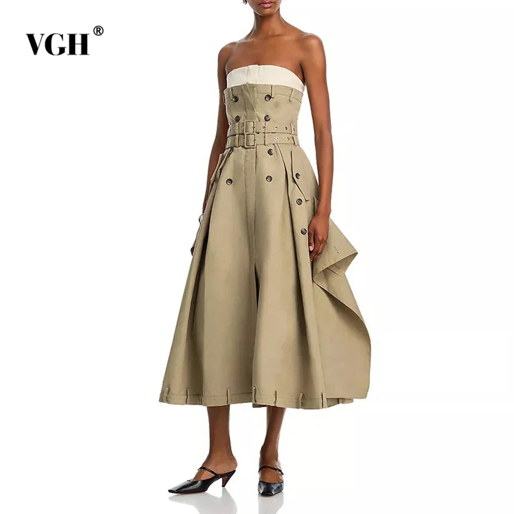 VGH Ameican Retro Irregular Cargo Dresses for Women Strapless Sleeveless High Waist Spliced Double Sashaes Midi Dress Female New