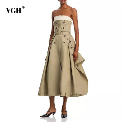 VGH Ameican Retro Irregular Cargo Dresses for Women Strapless Sleeveless High Waist Spliced Double Sashaes Midi Dress Female New