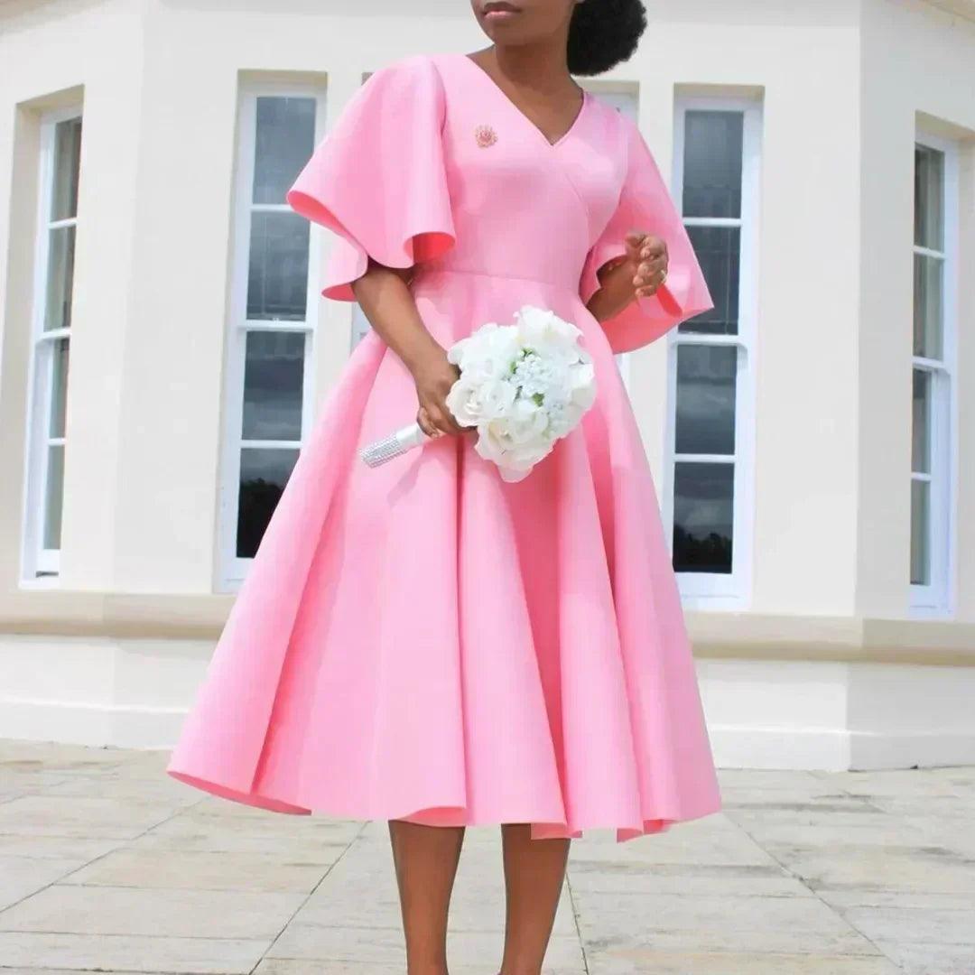 Elegant party dresses for women v neck ruffles sleeve high waisted pleated mid calf luxury birthday dinner vestidos