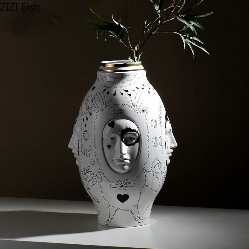 Facial Ceramic Vase Desktop Flower Arrangement Floral Organ Large Hydroponic Vase Decorative Vases Ornaments Dried Flower Vases