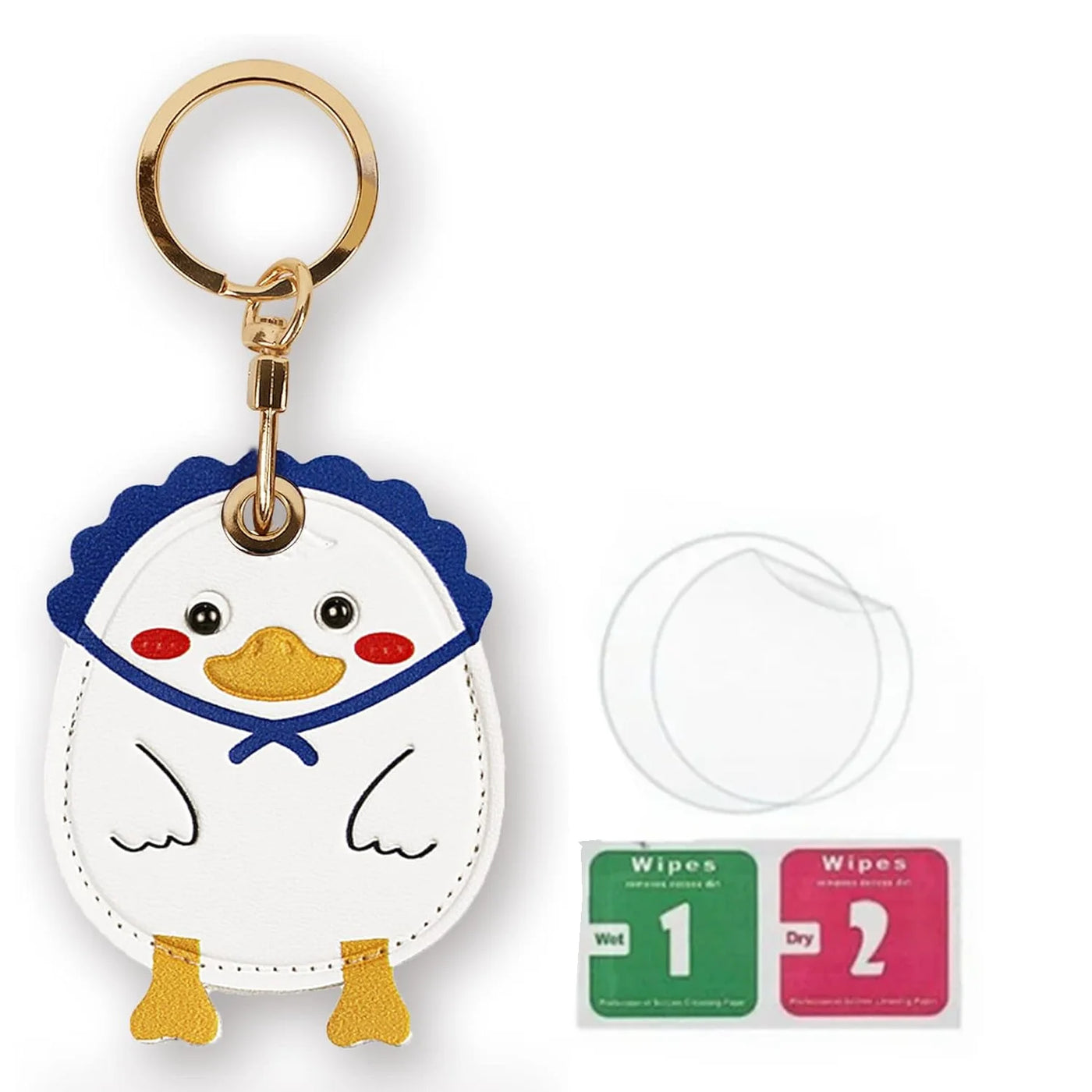 White leather penguin AirTag keychain with hand straps and gold feet