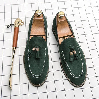 Luxury Designer Men Suede Tassels Blue Green Oxford Brogue Shoes Moccasins Wedding Prom Homecoming Party Footwear Zapatos Hombre