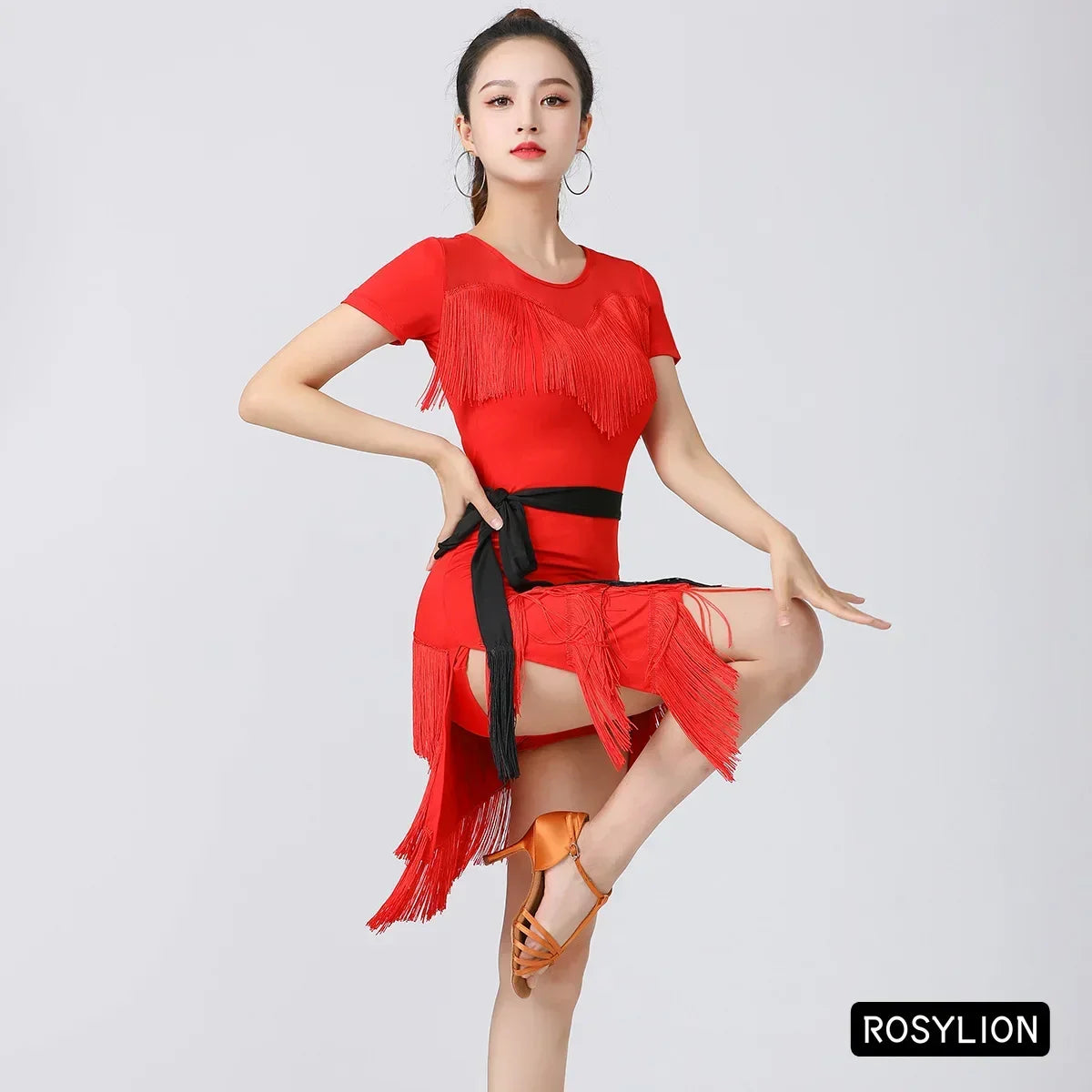Women Latin Dance Outfit for Female Adults High End Slim Short Sleeve Tassel Split Dress Purple Red Sexy Practice Dance Clothing