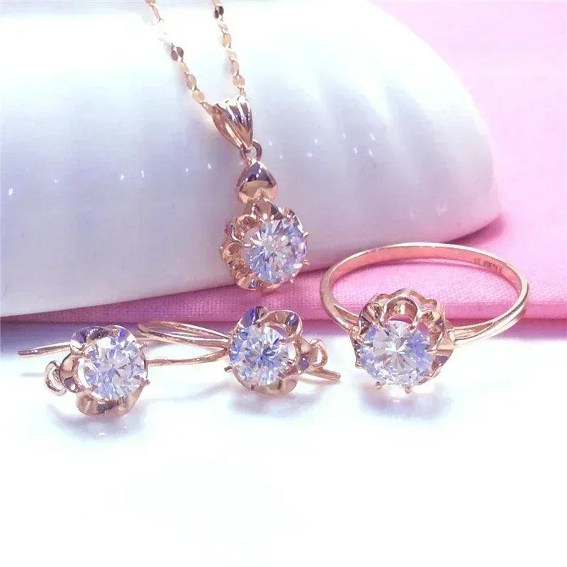 White shiny flower jewelry set plated rose gold earrings for women charms rings necklace elegant light luxury necklaces