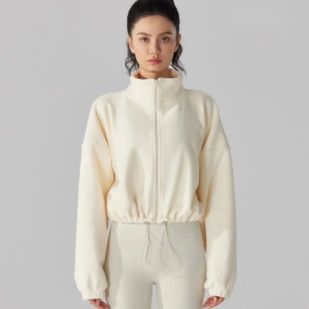 Women's Fleece Short Jacket Full Zip Stand Collar Warm Winter Sherpa Crop Coats with Drawstring Hem Gym Fitness Sports Clothing