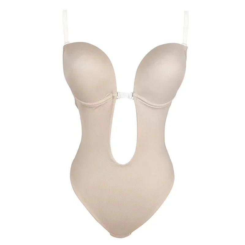 Invisible Shaper Bra Sexy Bodysuit Corset Backless Deep V-Neck U Plunge Thong Waist Trainer Clear Strap Padded Push Up Shapewear