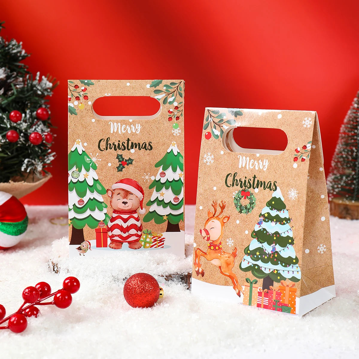 Christmas Kraft Paper Gift Bag Navidad Natal Noel Tree Candy Cookie Bag Merry Christmas Decorations For Home 2024 New Year 2025