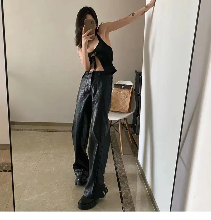Lautaro Autumn Long Black Crocodile Texture Leather Pants Women Zipper High Waist Y2k Clothes Streetwear Women Trousers 2022
