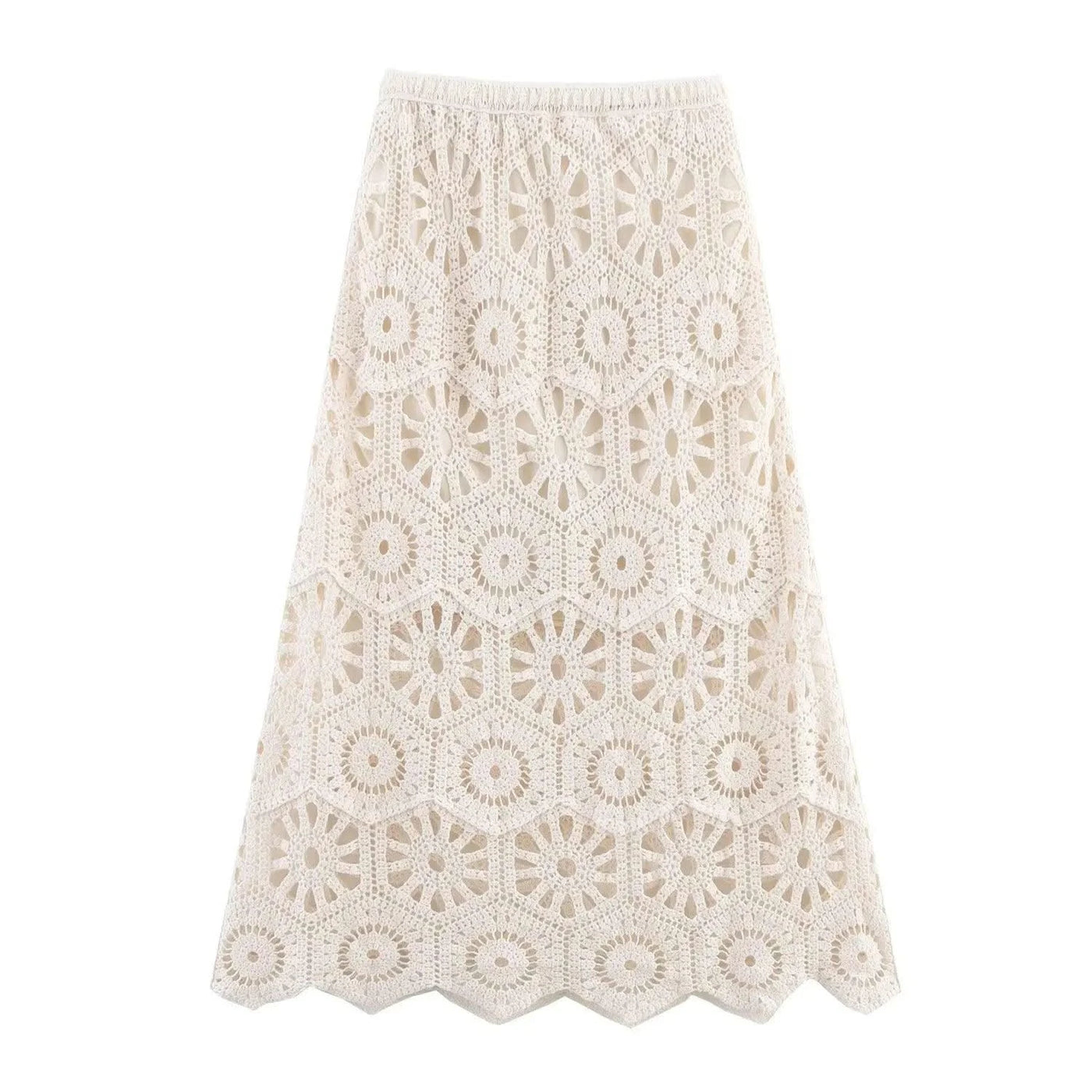 Summer Bohemian Women Loose DRESS Suits Hook Flower Hollow Out Bat Sleeve Shirt+Tassels Drawstring Bodycon Skirt Vacation Sets