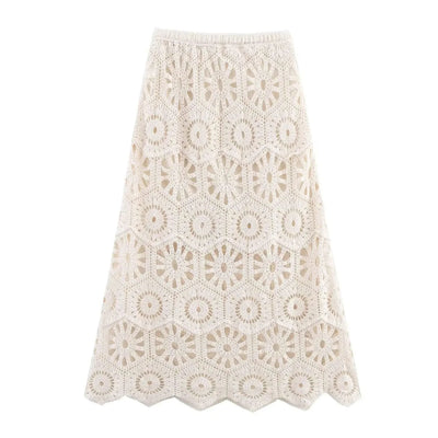 Summer Bohemian Women Loose DRESS Suits Hook Flower Hollow Out Bat Sleeve Shirt+Tassels Drawstring Bodycon Skirt Vacation Sets