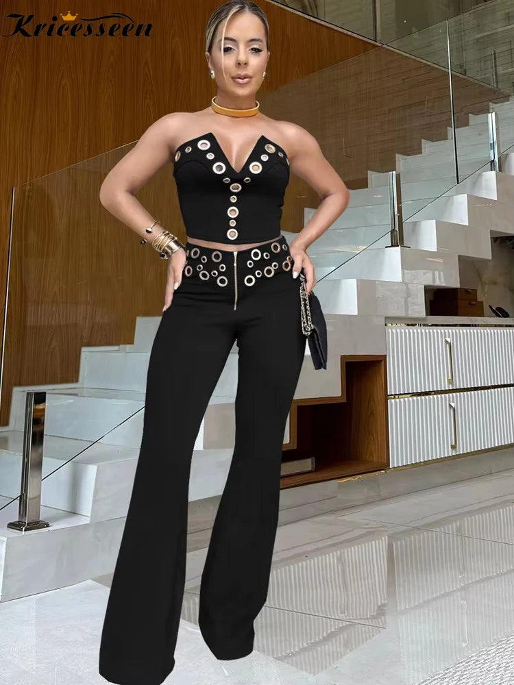 Kricesseen Women's Eyelet Pants Set 2 Piece Outfits Summer Runway Sequins Crop Top And Wide Legs Pants Set Workout Overalls