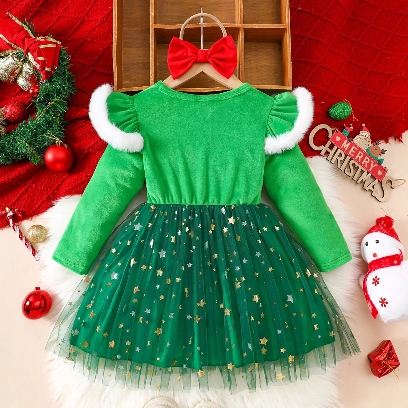 Christmas Dress Set Girl Autumn Long Sleeve Velvet Star Tulle Dress with Bow Headband Festive Clothes
