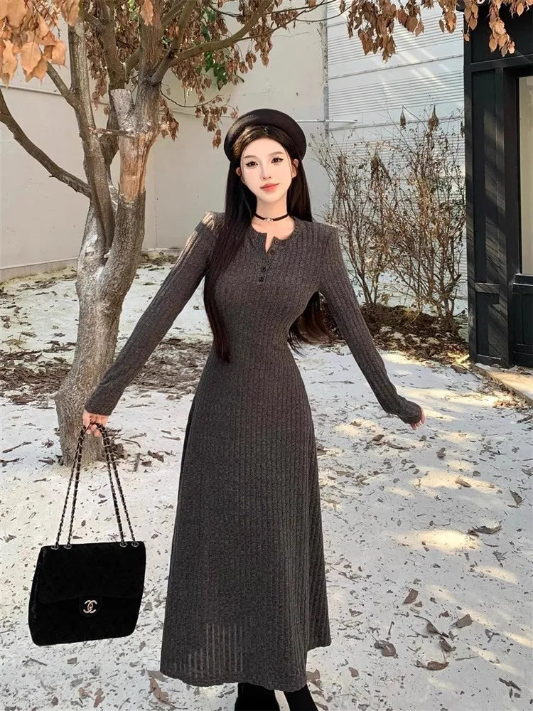 Knitted Sweater Dress Women Casual Long Sleeve French Mid Long Length Knee Dress Coat Ins Fashion Winter Versatile Wardrobe