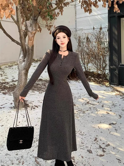 Knitted Sweater Dress Women Casual Long Sleeve French Mid Long Length Knee Dress Coat Ins Fashion Winter Versatile Wardrobe