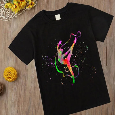 Watercolor Gymnastics Girl Printed Cute Children's T-shirt Children's Black T-shirt Exercise Enthusiast Birthday Gift