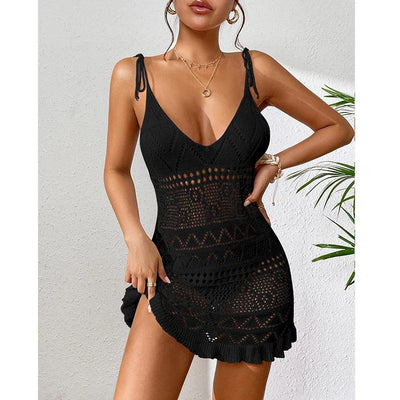 Women Sexy Knitted Halter Tight Cover Ups 2024 Summer Hollow See Through Beach Dress Short Skirt Sunscreen Solid Cover Up