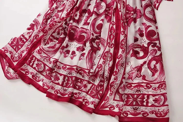 Seifrmann Spring Autumn Designer Women's V-neck Flying sleeve Lace up Print Loose Holiday robe Dresses