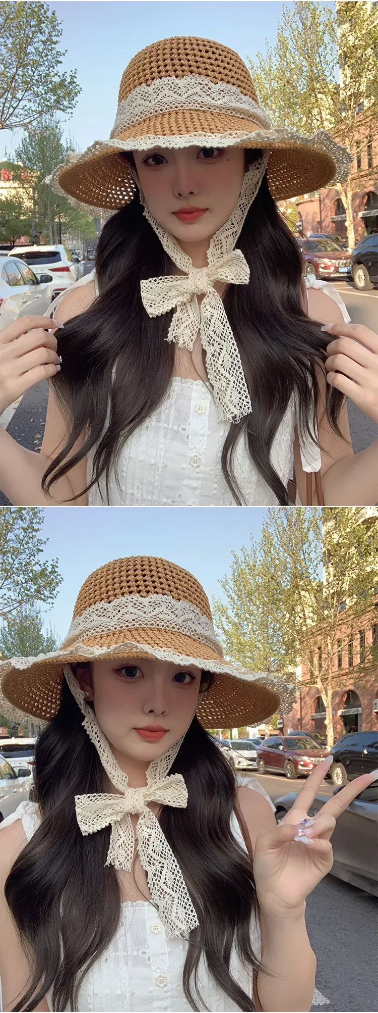 Sunscreen Hat for Women Summer Outdoor Sun Hat Large Brim French Lace Straw Hat Woven Vacation Beach Hat