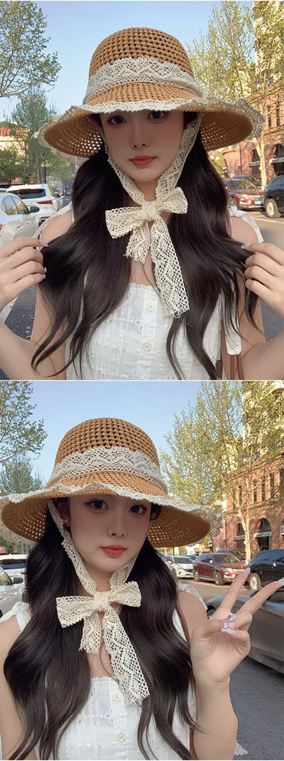 Sunscreen Hat for Women Summer Outdoor Sun Hat Large Brim French Lace Straw Hat Woven Vacation Beach Hat