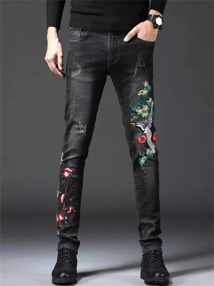 Men's Chinese Dragon Embroidery Jeans Fashion Kylin Embroidered Slim Pencil Pants Stretch Denim Trousers jeans for men pants