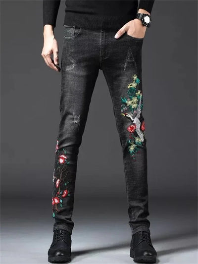 Men's Chinese Dragon Embroidery Jeans Fashion Kylin Embroidered Slim Pencil Pants Stretch Denim Trousers jeans for men pants