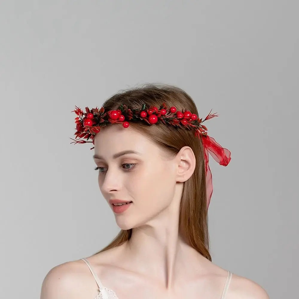 Christmas Headband Wedding Party Hairband Red Berry Garland Women Headwear Crown Flower Headband Wreath Decoration