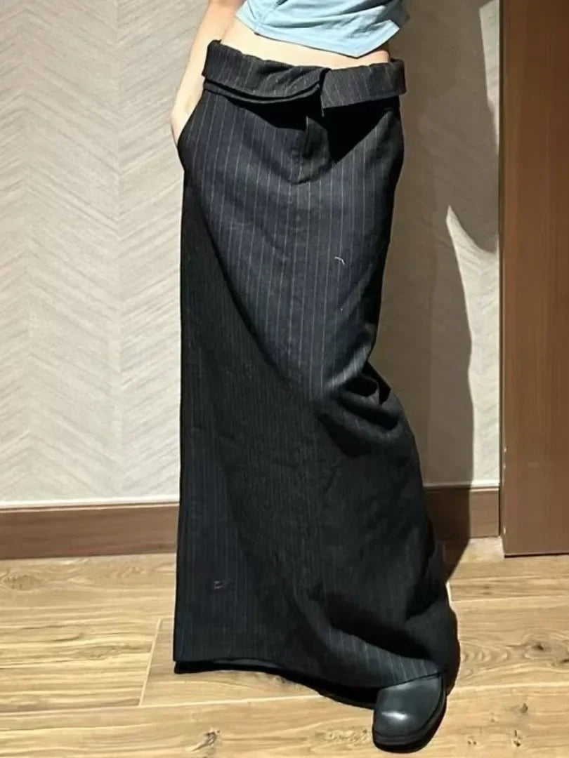 Slimming High Waist Striped f Skirt for Women Spring New Sle Turn up  Straight Long Skirt Faionable Design Sensation