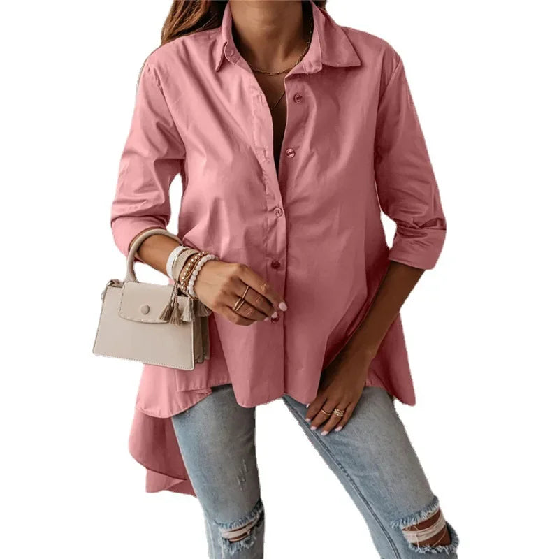 Casual Shirts Women Vintage Long Shirts Fashion Asymmetrical Front Short Back Long Blouse Autumn Long Sleeve Casual Blouse