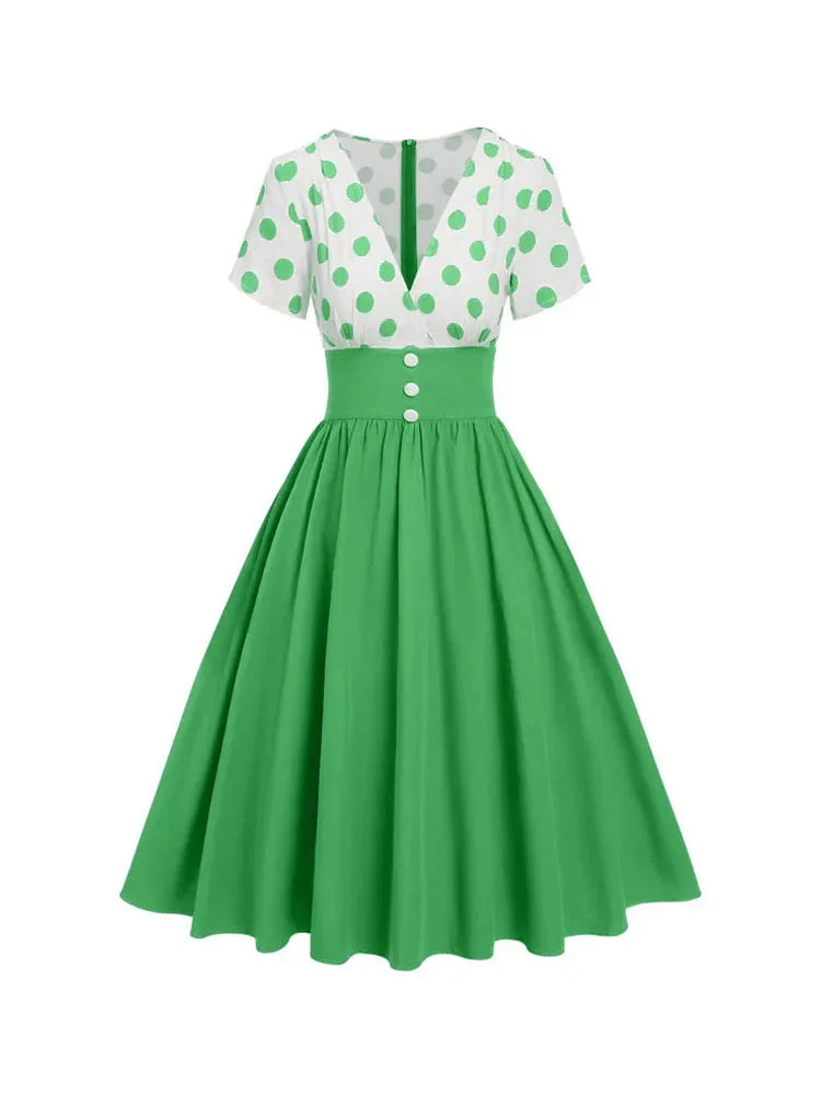 Polka Dot Women Summer Dresses Hepburn Style V-Neck Short Sleeve Vintage Print Patchwork Party Dress Casual A-Line