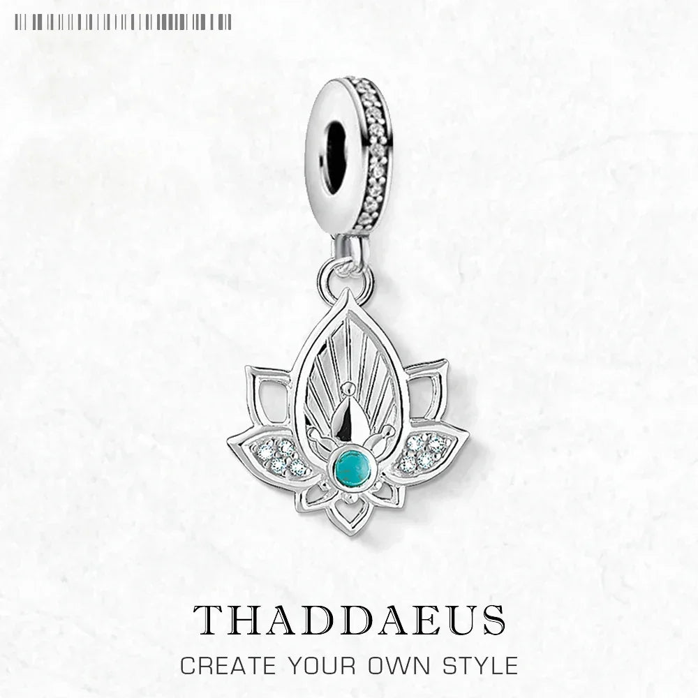 Trendy Buddhism Lotus Pendant Charm For Women Minimalist 925 Sterling Silver Turquoise Gift