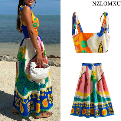 Printed Long Skirts For Women Fashion 2025 Pleated Midi Skirt Woman High Waist Skirt Sets Streetwear Summer Beach Skirt