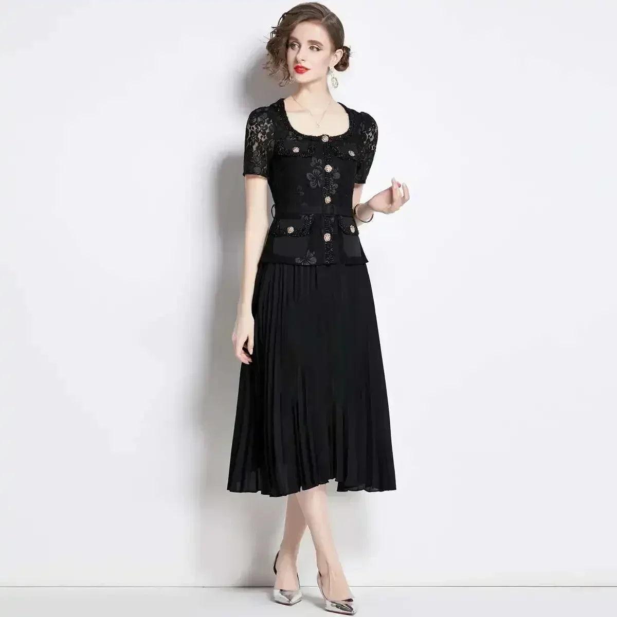 Luxury evening dress women summer vacation short sleeve pleated lace chiffon long dresses white single breasted midi