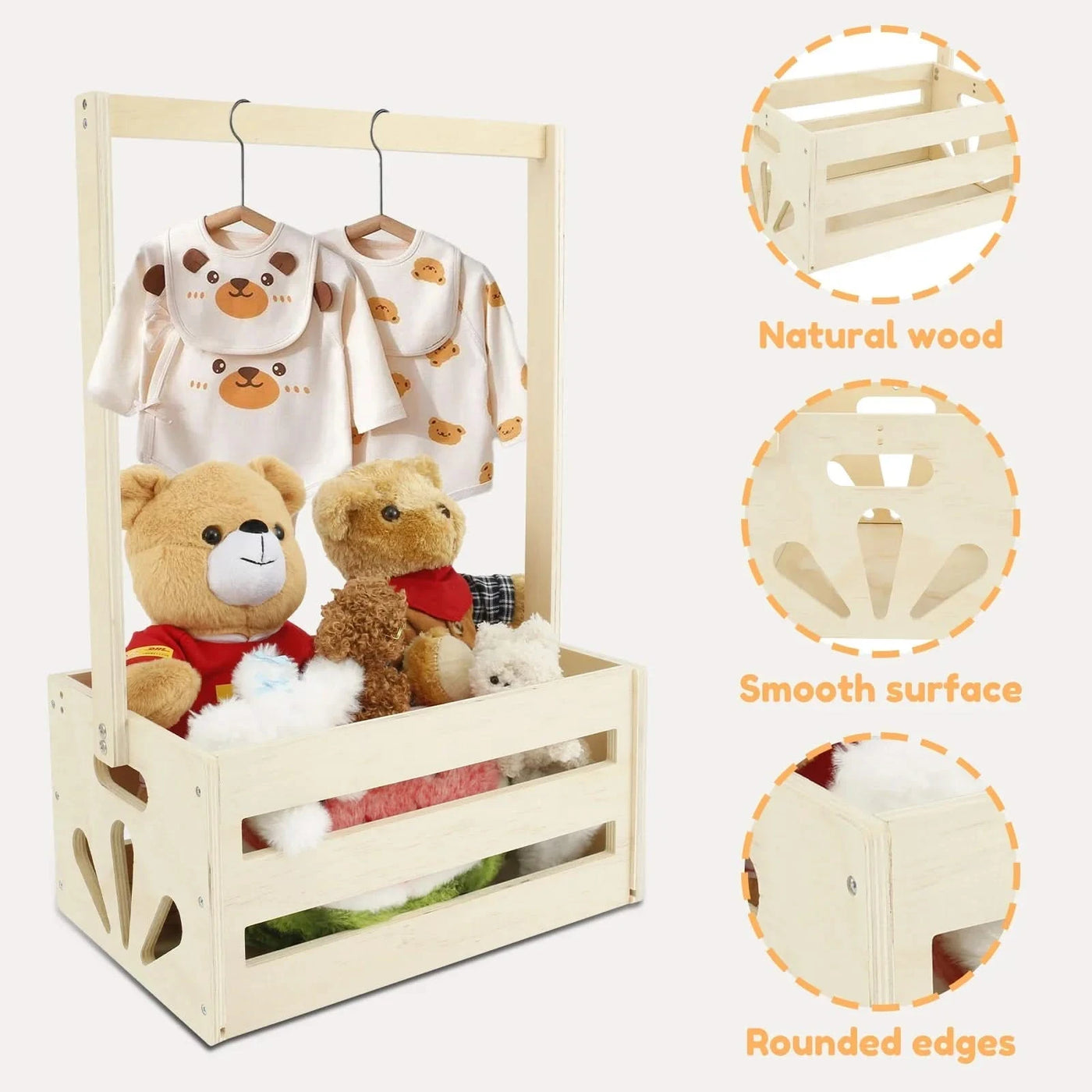 Wood Storage Crate Baby Toys Clothing Organizer Box Children Portable Basket Long Handle Sturdy