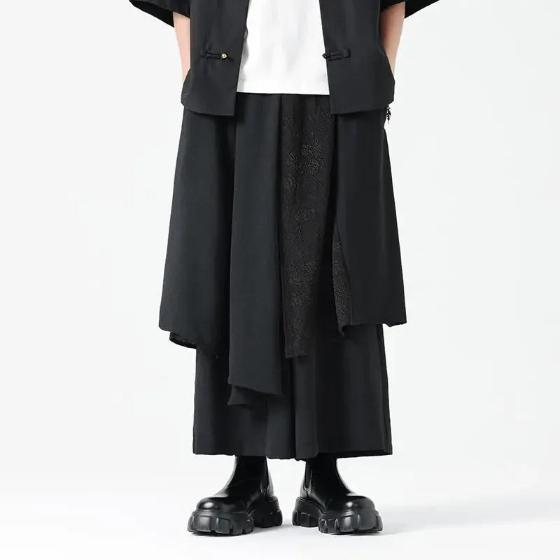 Men's Wide Leg Fashion Pants Pleated Elastic Waist Designer Tie Side Wrap Trousers Summer Streetwear Chinese Japanese Type Pants