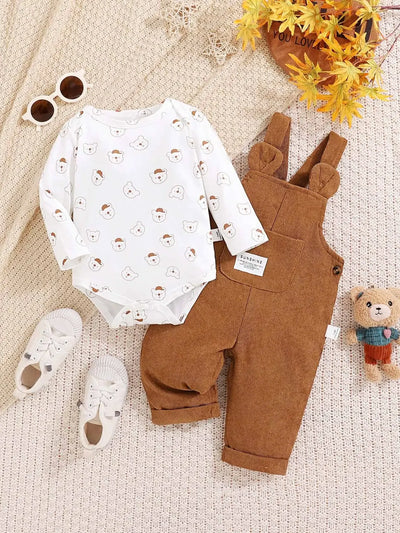 3-24 Months Toddler Baby Boy and Girl 2pcs Clothes Set Bear Print Bodysuit with Green Overall Fashion Cute Autumn&Winter Wear
