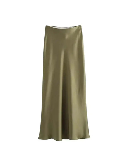 Women's Flowing Satin Midi Skirt, High Waist With Elastic Waistband, Female Skirts, Chic Fashion