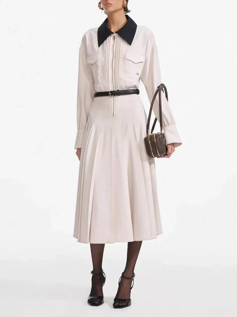 VGH Designer Slimming Hit Color Spliced Belt Long Dresses For Women Lapel Long Sleeve High Waist Temperament Dress Female New