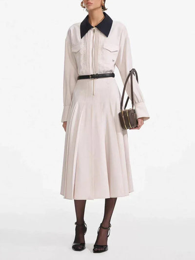 VGH Designer Slimming Hit Color Spliced Belt Long Dresses For Women Lapel Long Sleeve High Waist Temperament Dress Female New