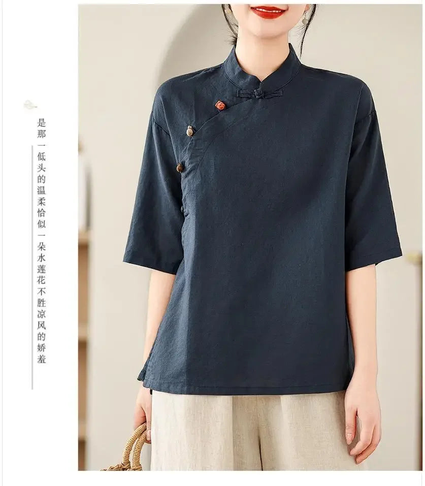 Women's Retro Linen Short-Sleeved Top