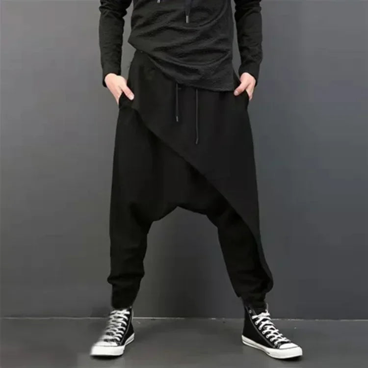 2025 Men's Casual Trousers Irregular Loose Solid Drawstring Cross-pants Men Vintage Harem Pants Hip-hop Skateboard Fitness Pants