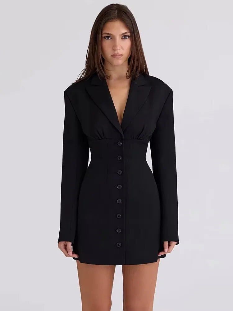 Blifanbo Single-breasted Sexy Blazer Dress Women Gown Elegant V Neck Long Sleeve Black High Waist Club Party Dress Office Lady