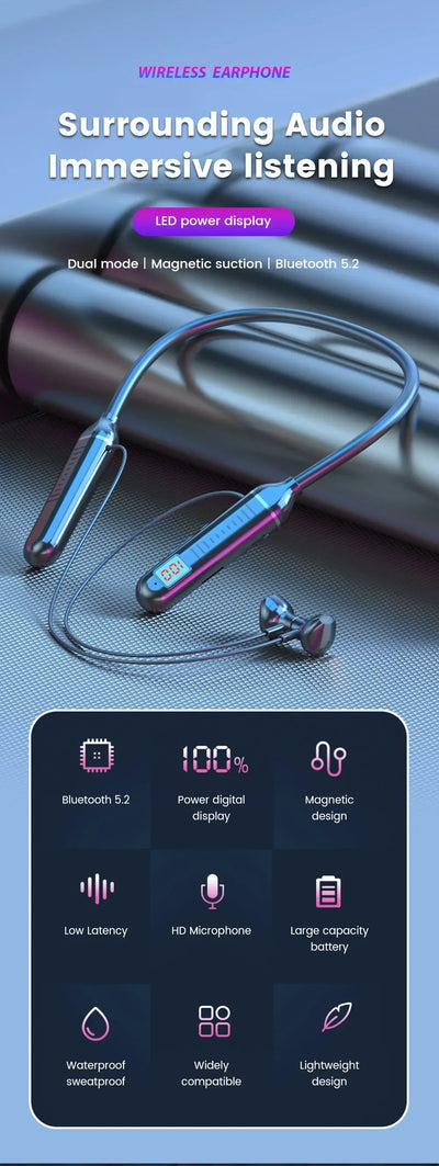 Wireless Earphones 5.3 Neckband Headphones Gaming LED Display Stereo Sports Headset Halter Waterproof Magnetic Earbuds