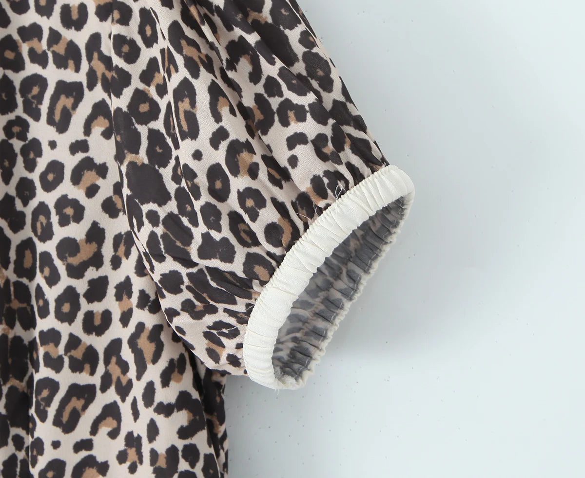 Elegant French style Women Animal Leopard Print Shirt Dress Contrast Color Tie Bow V neck Puff Sleeve Short Dresses Mini Robe