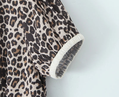 Elegant French style Women Animal Leopard Print Shirt Dress Contrast Color Tie Bow V neck Puff Sleeve Short Dresses Mini Robe