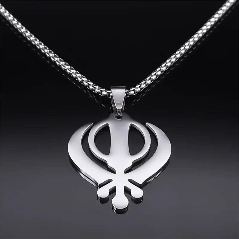 India Sikhism Symbol Necklace Pendant for Women/Men Stainless Steel Silver Color Sikh Khanda Necklaces Religious Jewelry N8090S0