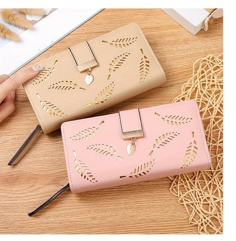 Elegant Women's Wallet With Hollowed-Out Leaf Design, Bifold Long Zippered Clutch, PU Leather Mobile Phone Bag Card Coin Purse
