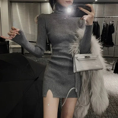 Dresses for Women Short Turtleneck Extreme Mini Sexy Daring Clothes Woman Dress Knitted Bodycon Grey Crochet Split Korean Style