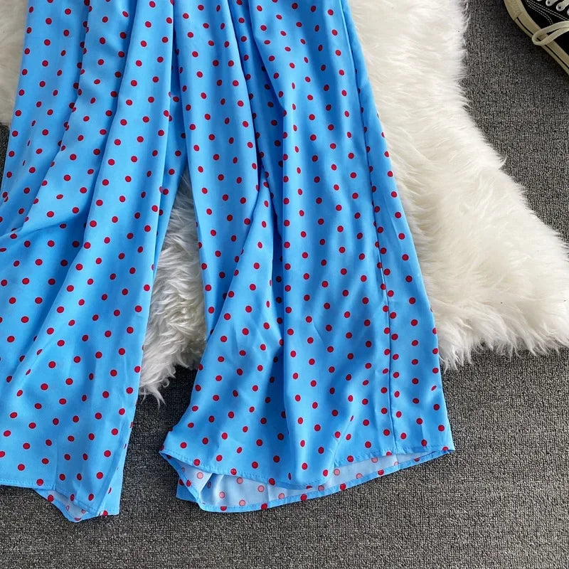 V Neck Sexy Dolman Sleeves Waist Slim Polka Dot Print Jumpsuit Women Wide Leg Trousers Jumpsuit