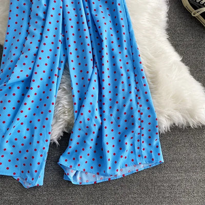 V Neck Sexy Dolman Sleeves Waist Slim Polka Dot Print Jumpsuit Women Wide Leg Trousers Jumpsuit